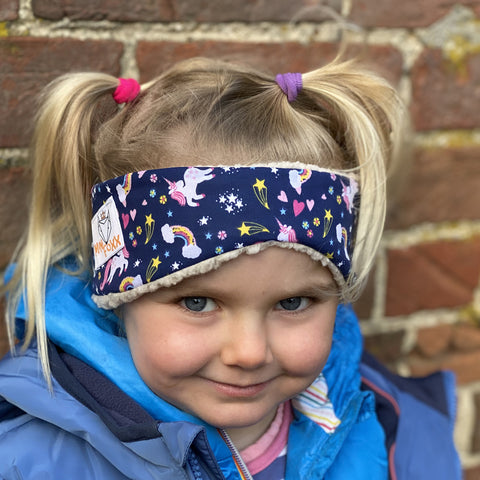 Children's Earwarmer in Navy Unicorn & Rainbow